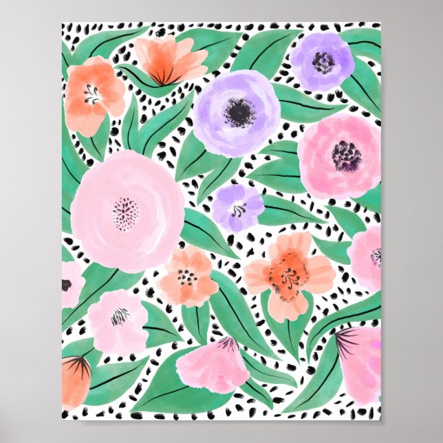 Purple Red Floral Polka Dots Watercolor Pattern Poster (Front)