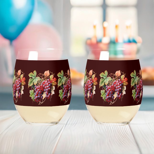 Purple Red Grapes Vines Burgundy Background Stemless Wine Glass (Insitu (Baby Shower))