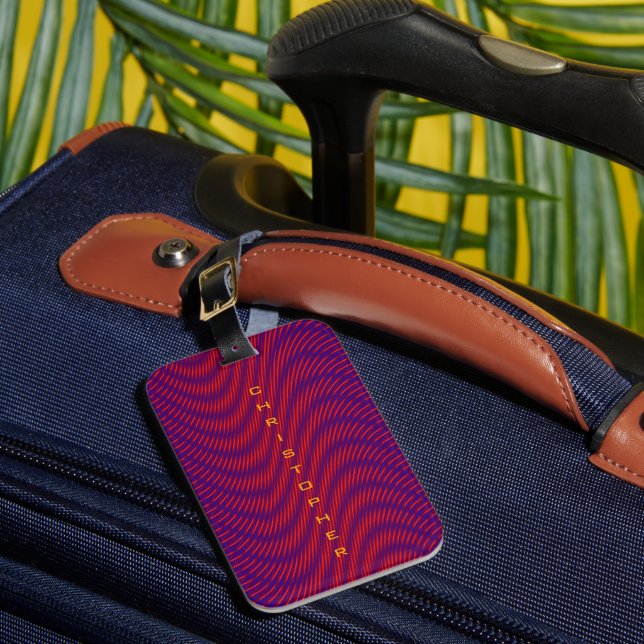 Purple & Red Lines Striped Psychedelic & Trippy Luggage Tag (Front Insitu 1)