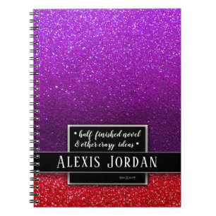 Purple Red Ombre Glitter Black White Monogram Notebook