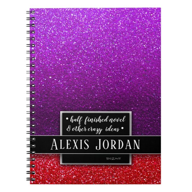 Purple Red Ombre Glitter Black White Monogram Notebook (Front)