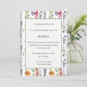 Purple Red Orange Floral Stripes Birthday Invitation