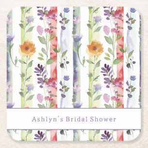 Purple Red Orange Floral Stripes Bridal Shower Square Paper Coaster