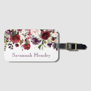 Purple Red Pink Peonies Roses Watercolor Floral Luggage Tag