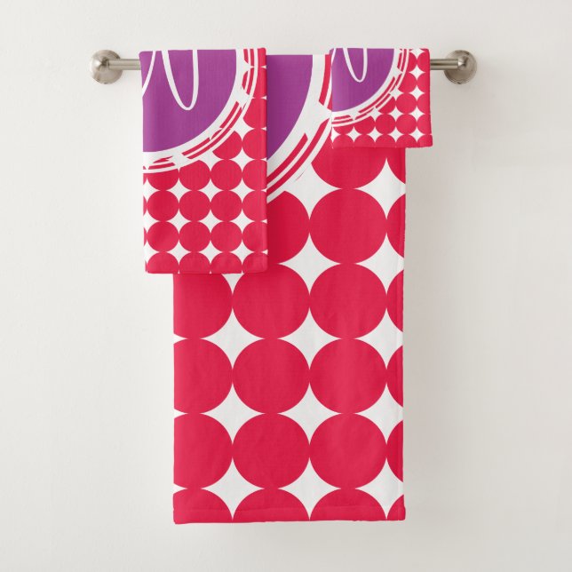 Purple & Red Polka Dot Monogram Bath Towel Set (Insitu)