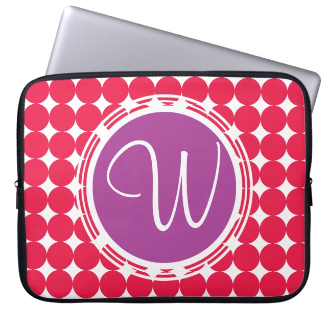 Purple & Red Polka Dot Monogram Laptop Sleeve (Front)