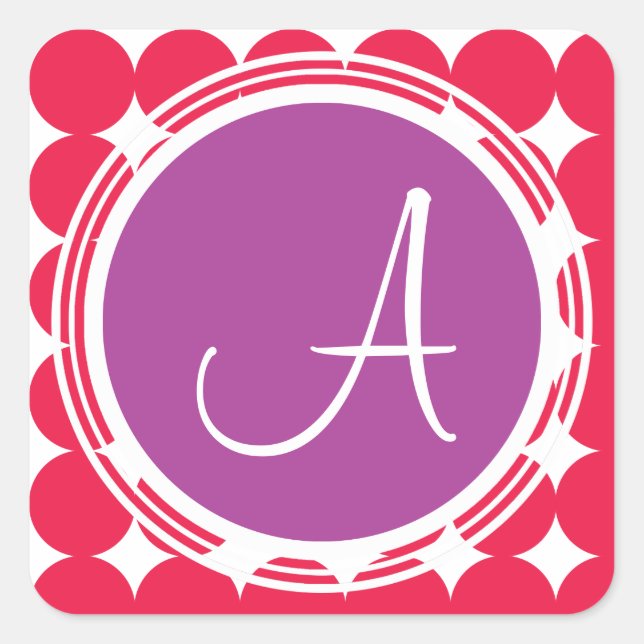 Purple & Red Polka Dot Monogram Square Sticker (Front)