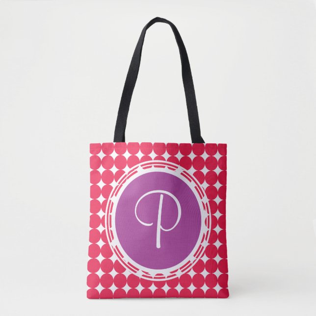 Purple & Red Polka Dot Monogram Tote Bag (Front)