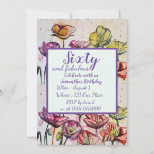 Purple Red Poppy Floral 60th Birthday Invitation