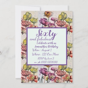 Purple Red Poppy Floral 60th Birthday Invitation
