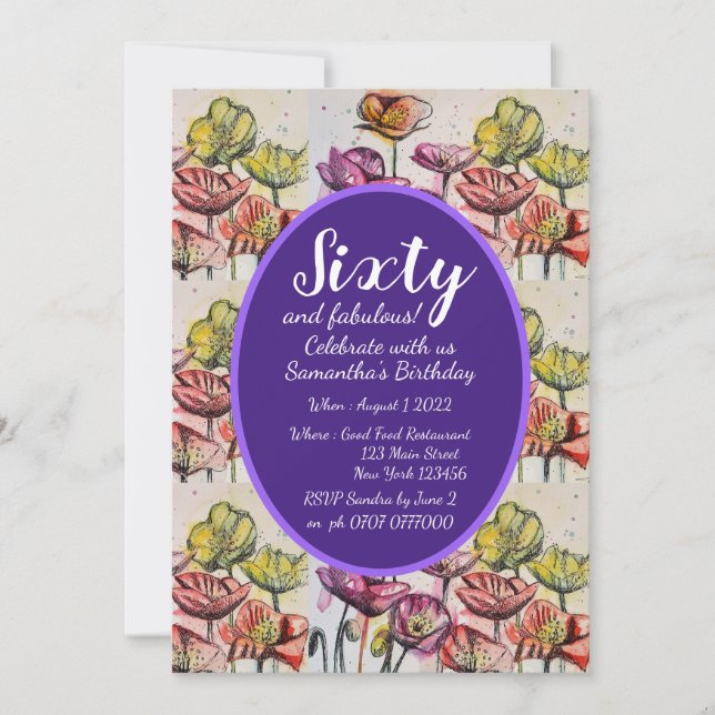 Purple Red Poppy Floral 60th Birthday Invitation (Front)