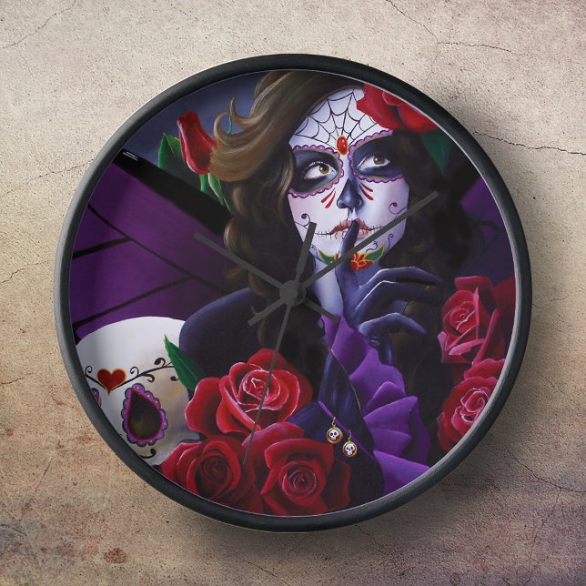 Purple Red Roses Sugar Skull Fairy Day Dead Clock (Creator Uploaded)