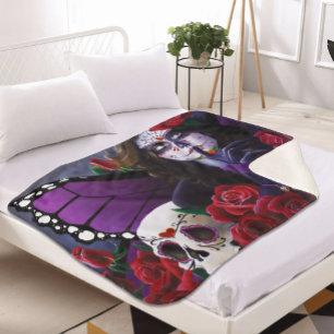 Purple Red Roses Sugar Skull Fairy Day Dead Sherpa Blanket