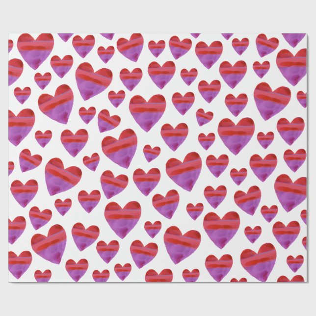 Purple Red Watercolor Hearts Wrapping Paper (Flat)