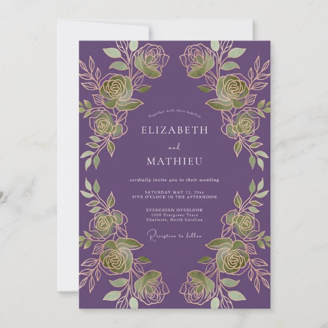 Purple Regal Botanical Wedding Invitation (Front)