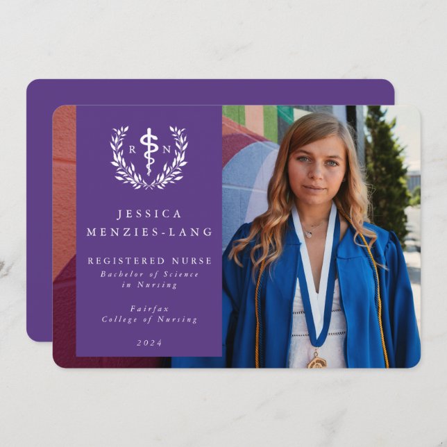 Purple Registered Nurse Asclepius Graduation Photo Announcement (Front/Back)