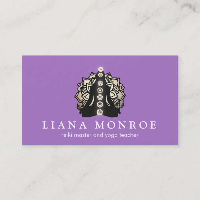 Purple Reiki and Yoga Teacher Lotus and Chakra Business Card (Front)