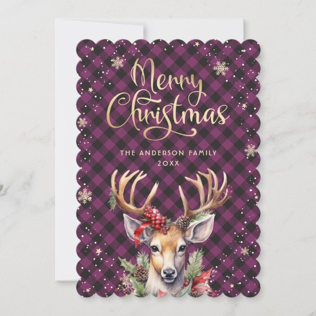 Purple Reindeer Watercolor Christmas Card (Front)