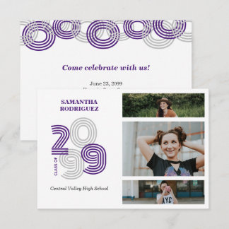 Purple Retro Big Numbers 3-Photo Graduation Invitation