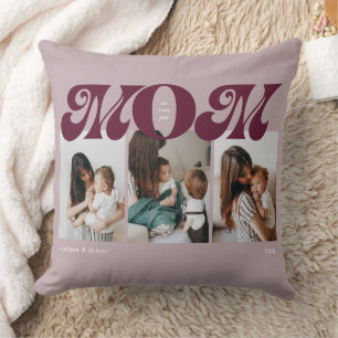 Purple Retro Bold Mom 3 Photo Collage Cushion