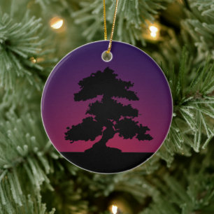 Purple Retro Bonsai Sunset Ceramic Ornament