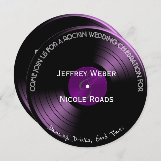 Purple Retro Colourful Vinyl Record Wedding Card (Front/Back)