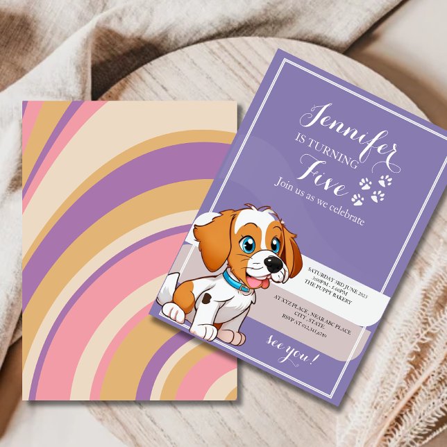 Purple Retro Cute Puppy Themed Kids Birthday Party Invitation (Creator Uploaded)