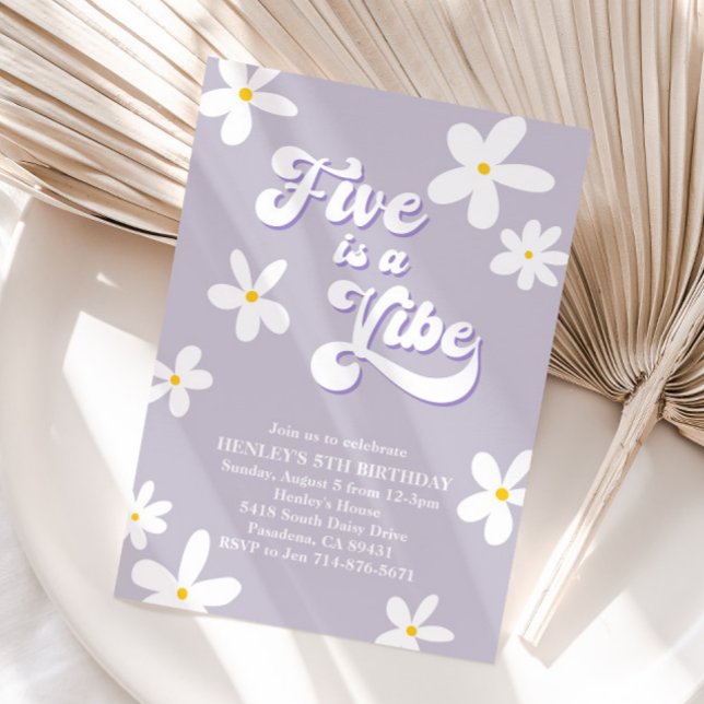 Purple Retro Daisy Five Is A Vibe Birthday  Invitation (Creator Uploaded)