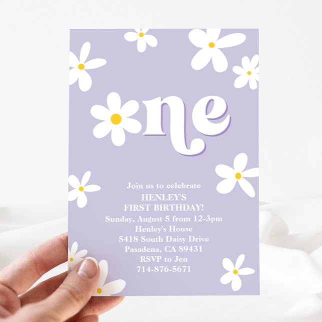 Purple Retro Daisy One 1st Birthday Girl Invitation (Creator Uploaded)