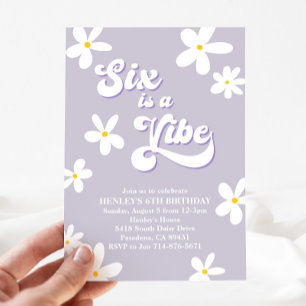 Purple Retro Daisy Six Is A Vibe Birthday  Invitation