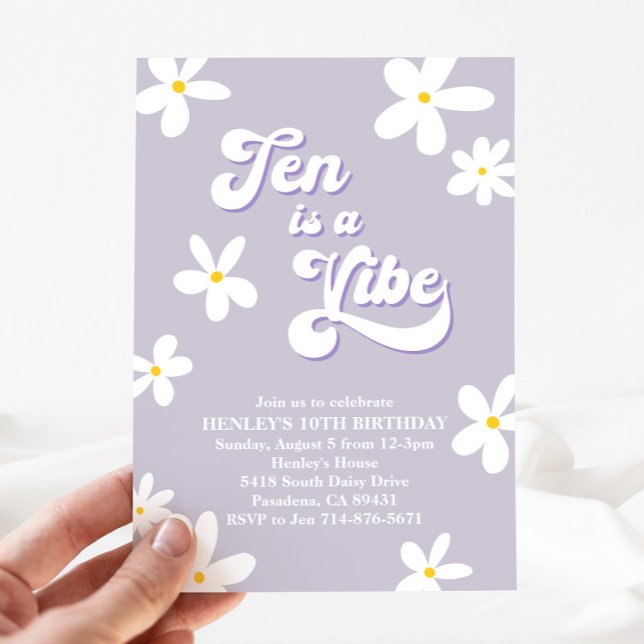 Purple Retro Daisy Ten Is A Vibe Birthday  Invitation (Creator Uploaded)