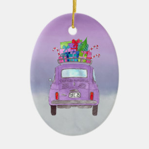Purple Retro Fiat 500 with Christmas Gifts Ceramic Ornament