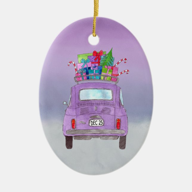 Purple Retro Fiat 500 with Christmas Gifts Ceramic Ornament (Front)