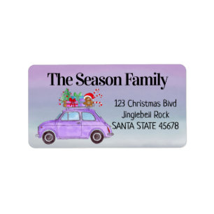 Purple Retro Fiat 500 with Christmas Gifts Label
