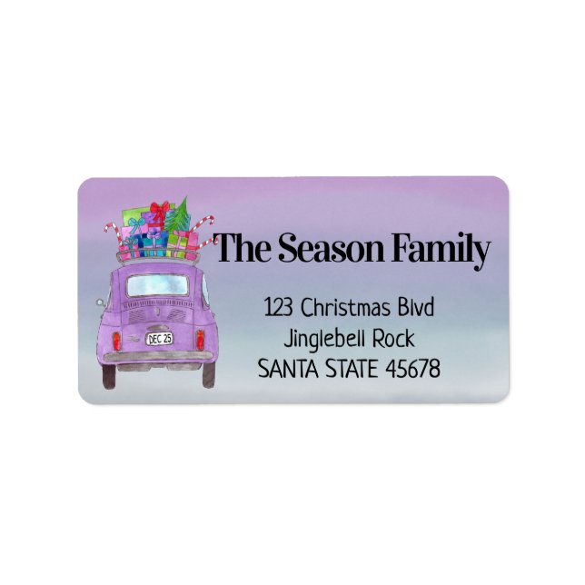 Purple Retro Fiat 500 with Christmas Gifts Label (Front)