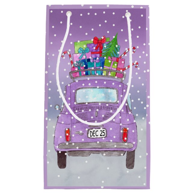 Purple Retro Fiat 500  with Christmas Gifts Small Gift Bag (Front)