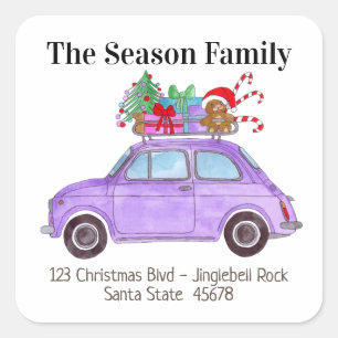 Purple Retro Fiat 500 with Christmas Gifts Square Sticker