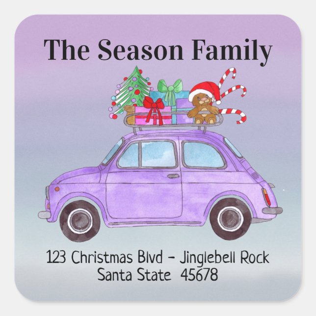 Purple Retro Fiat 500 with Christmas Gifts Square Sticker (Front)