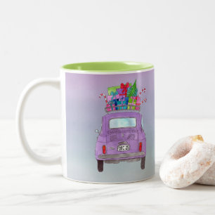 Purple Retro Fiat 500  with Christmas Gifts Two-Tone Coffee Mug