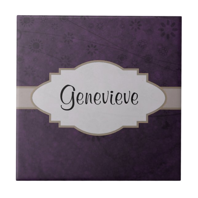 Purple Retro Floral Abstract Nameplate Ceramic Tile (Front)