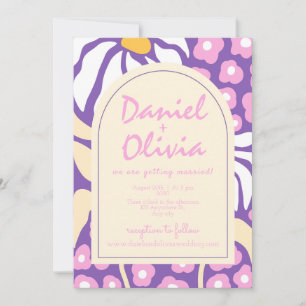 Purple Retro Floral with Photo Wedding Invitation