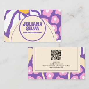 Purple Retro Floral with QR Business Card
