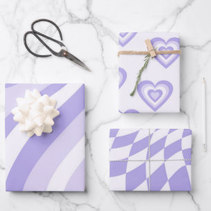 Purple Retro Geometric Stripes Hearts Squares 70s Wrapping Paper Sheet
