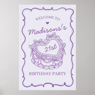 Purple Retro Heart Coquette Cake Birthday Welcome Poster