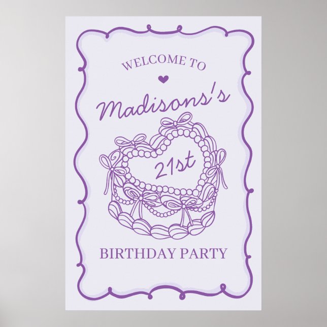 Purple Retro Heart Coquette Cake Birthday Welcome Poster (Front)
