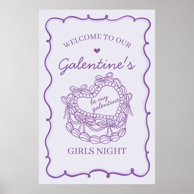 Purple Retro Heart Coquette Cake Galentine Welcome Poster (Front)