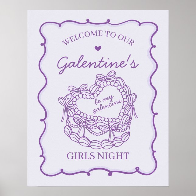 Purple Retro Heart Coquette Cake Galentine Welcome Poster (Front)