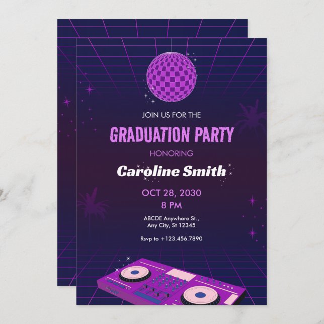 PURPLE RETRO NIGHT DJ DISCO BALL GRADUATION PARTY INVITATION (Front/Back)