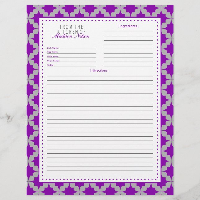 Purple Retro Star Recipe Page (Front)