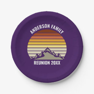 Purple Retro Sunset Mountain Custom Party Paper Plate